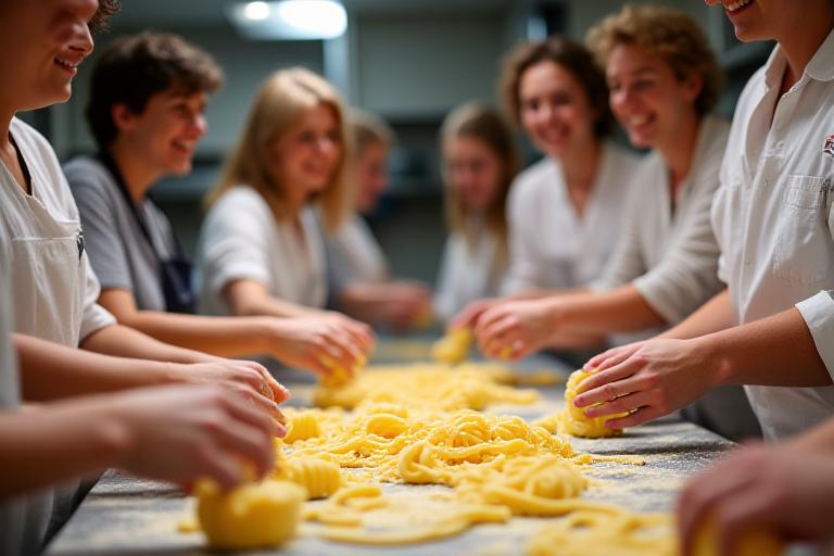 Persone sorridenti che preparano la pasta fresca durante un corso di cucina.