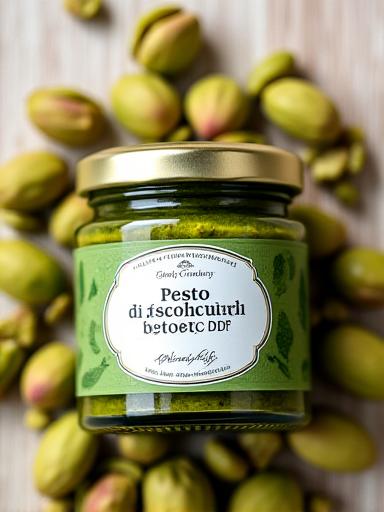 Vasetto di Pesto di Pistacchio di Bronte DOP con pistacchi sparsi.